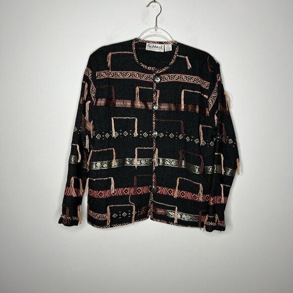 Flashback Jacket Womens Medium Black Knit Boho Tassel Western Intricate Vintage - Picture 8 of 13